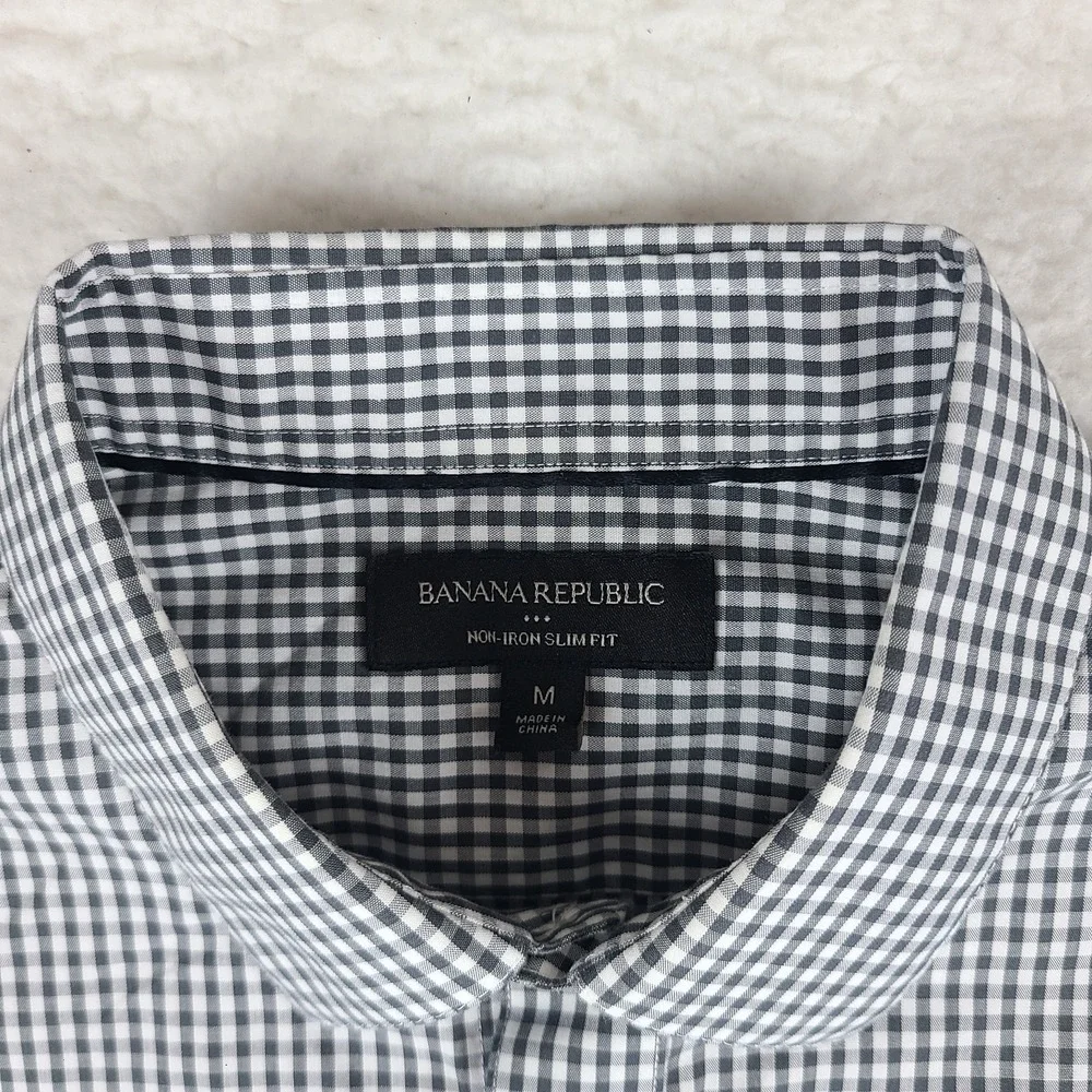 Banana Republic Shirt Mens Medium Black Gray Check Non Iron Slim Dress Button Up